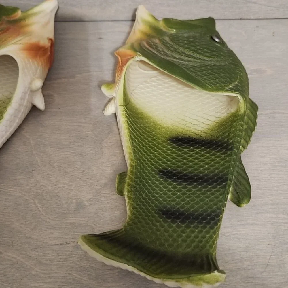 Bass Fish Slippers‎ Sandals Novelty Funny Summer Shoes Quirky Green Size 34/35